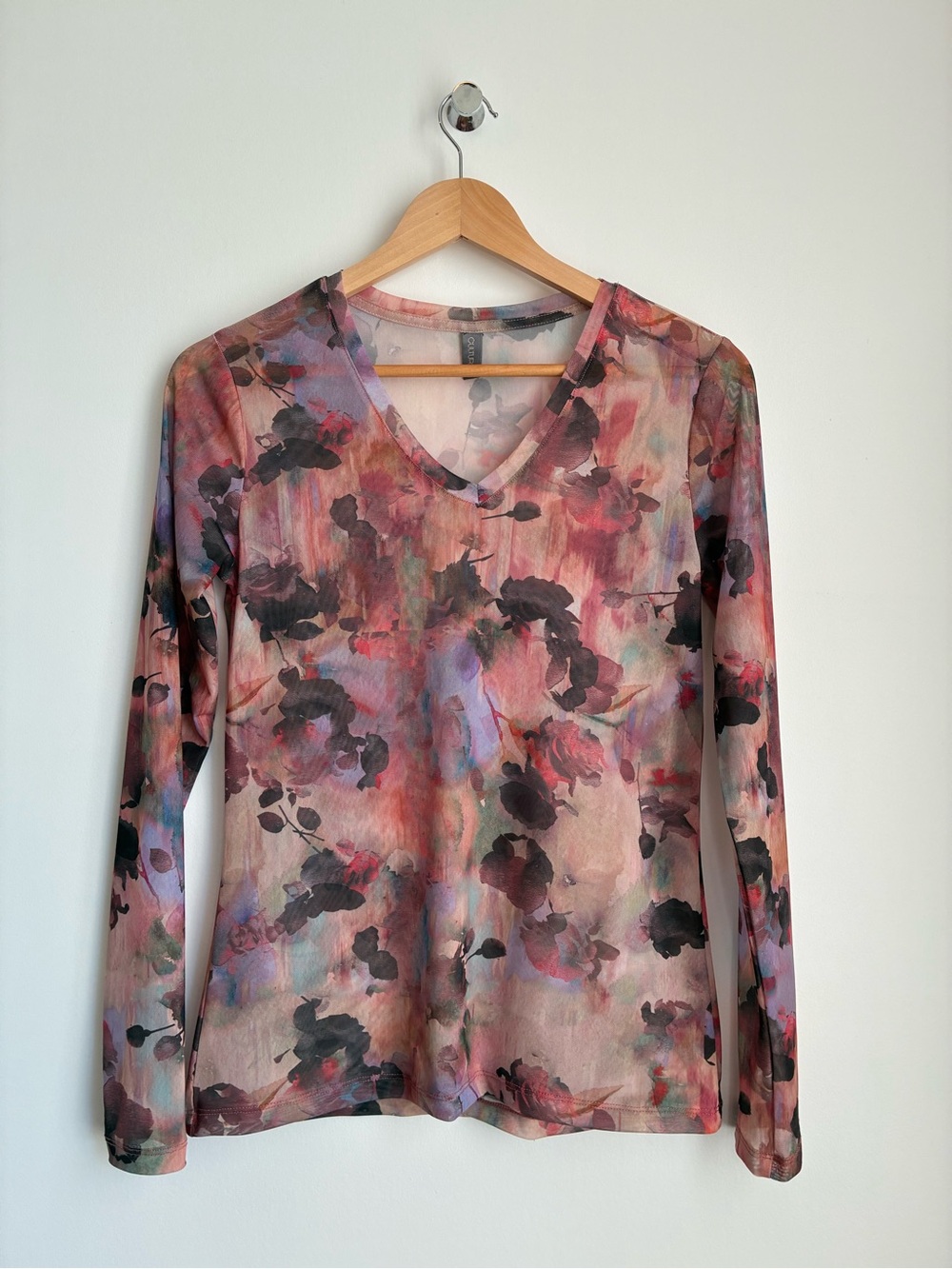 Vintage Culture Sheer Mesh Floral Top Y2K Long Sleeves V-Neck S